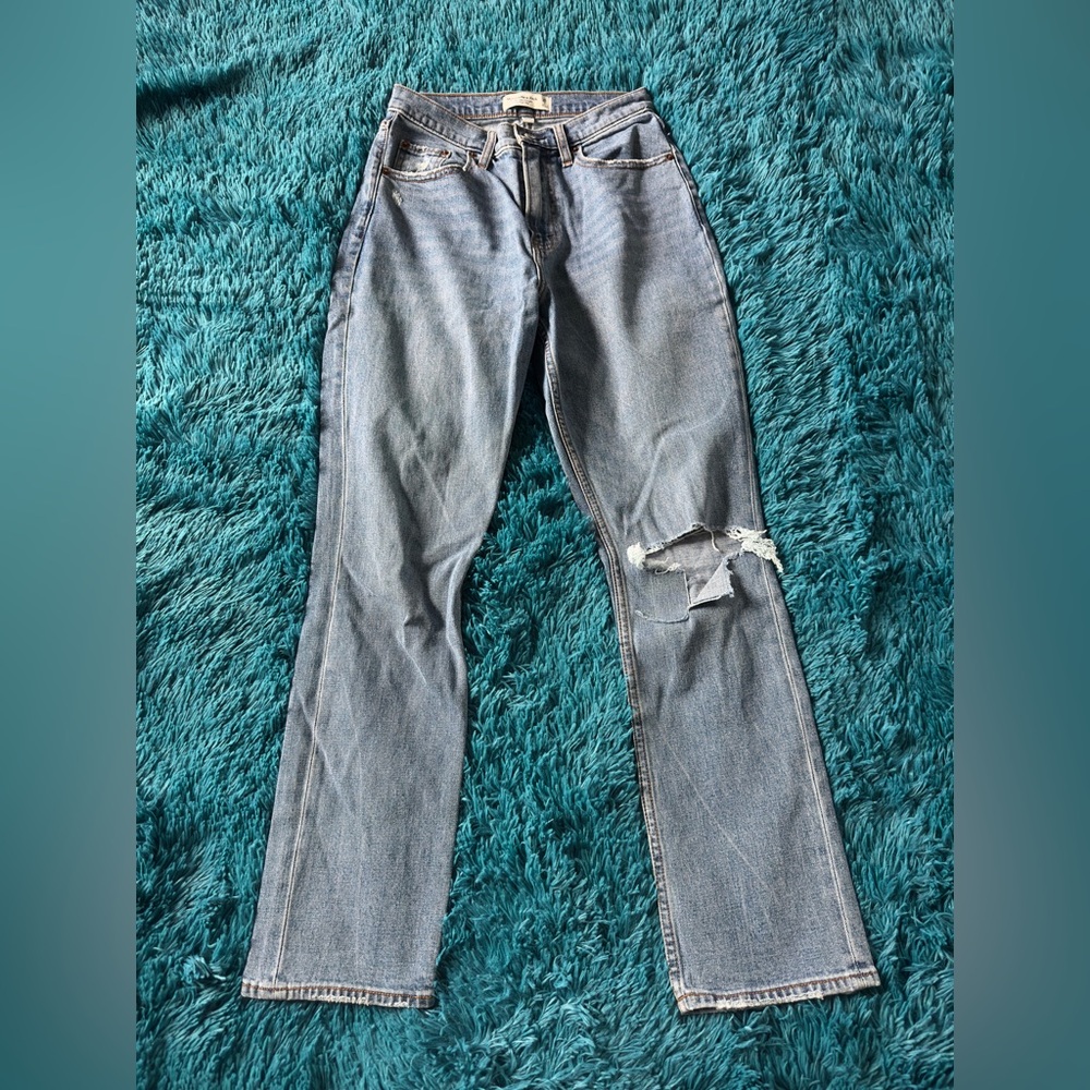 Abercrombie & Fitch Curve Love Blue Straight Leg Jeans Distressed
